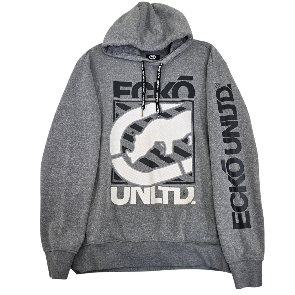 Ecko Unltd Hoodie L Mens Grey Graphic Pullover Sweatshirt Flawed Rhino Y2K